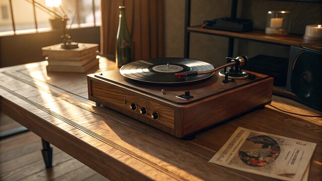 Warm lit wooden vinyl record player with black vinyl record and tonearm on a wooden table with a bottle and books