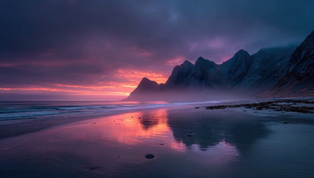 Dramatic sunset paints a vibrant pink and purple sky over a serene coastal mountain range reflected in the calm ocean waters on a misty beach - Powered by Adobe