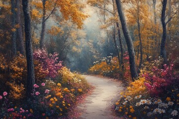 Obraz premium Autumnal forest path bathed in soft light. Lush floral display