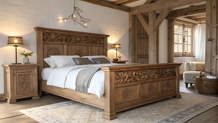 Luxurious wooden bedroom with ornate carved bed and rustic charm