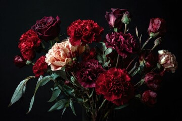 Dark, moody bouquet of red, burgundy, and peach carnations and roses in a clear vase against a black background