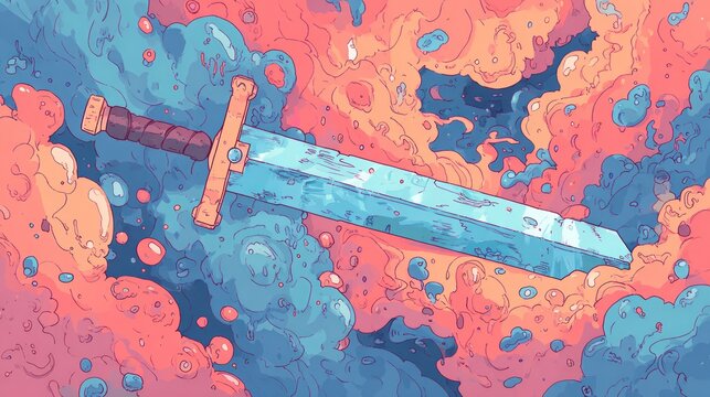 A sword in a vibrant, bubbly landscape