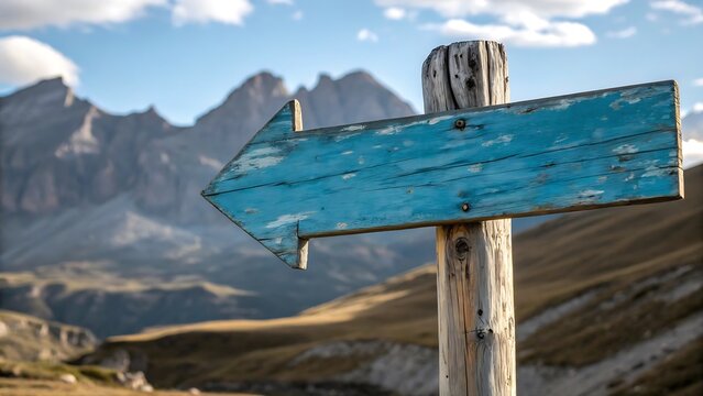 Weathered blue wooden arrow signpost pointing left in mountain landscape wooden sign blue sign