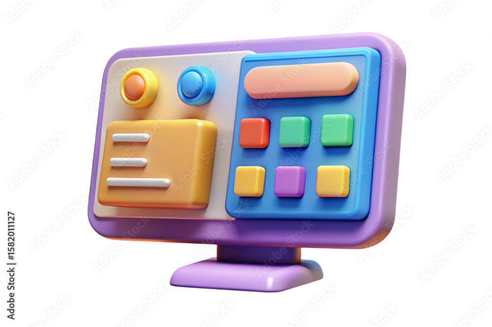 Poster 3d colorful cartoon computer monitor with buttons and screen isolated on transparent background