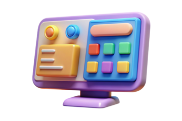 3d colorful cartoon computer monitor with buttons and screen isolated on transparent background