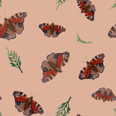 Flying butterflies with branches. Seamless pattern on beige background © Anna
