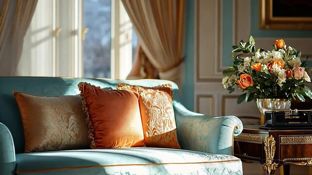 Sunlight streams into a luxurious room, illuminating a teal sofa adorned with orange and gold pillows. A floral arrangement in a crystal vase sits on an ornate side table