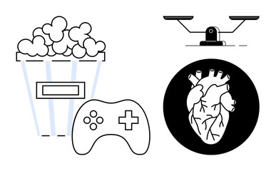 Popcorn bucket, gaming controller, anatomical heart, and balance scale emphasizing recreation, lifestyle, and wellness. Ideal for health, gaming, entertainment balance medical concepts self-care