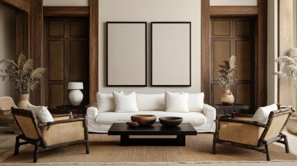 Modern, minimalist living room with warm, neutral tones and natural textures.  Two large, off-white canvases are centered above a white sofa.  Dark wood details and rattan chairs complement the space