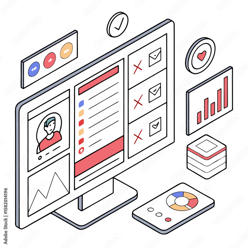 Poster isometric illustration of a computer screen displaying data charts and profile information interface