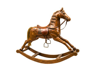 Antique carved wooden rocking horse with detailed saddle and mane isolated on transparent background