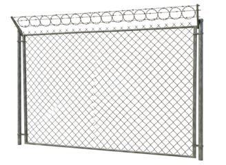 Chain link fence section with barbed wire topping isolated on transparent background
