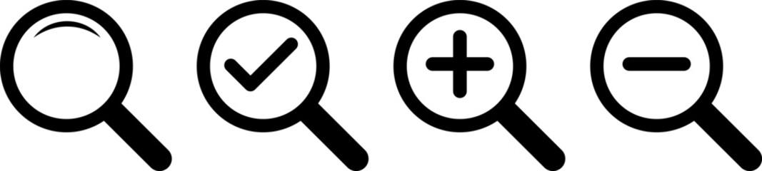 Obraz premium Search Icon. zoom in and out scale Magnifying glass for research and find. look magnifier loupe sign. loupe with check mark sign. Plus and minus zoom tool symbols 
