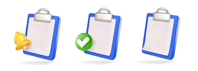 3d blue clipboard icons with blank sheet of paper isolated. Render clipboard with 3d document for notes, contracts, schedule, work planning, checkmark and bell notification.