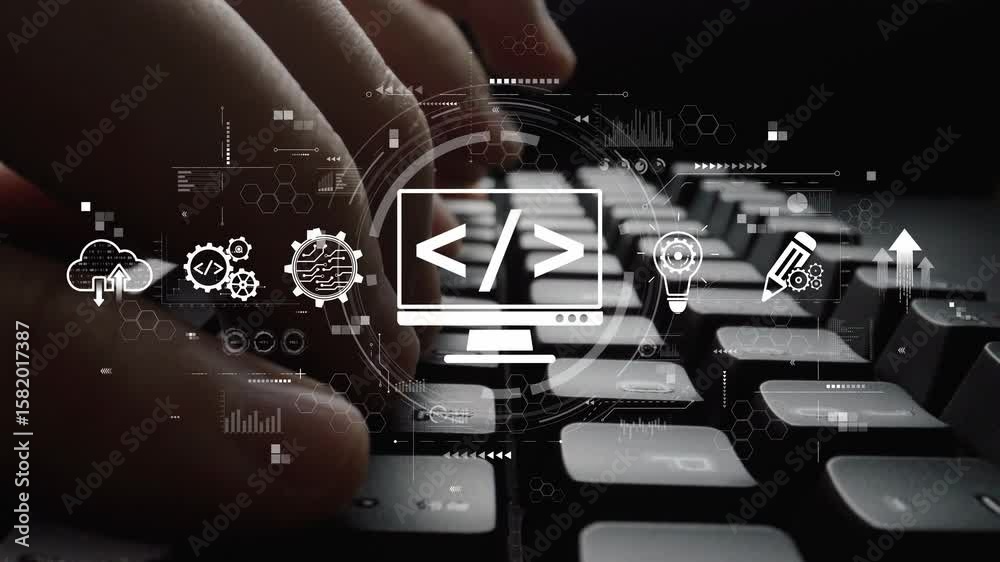 Aufkleber modern web development concept featuring coding symbols, web development process, web development in