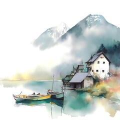 Fototapeta premium Serene Lakeside Village in the Mountains A Watercolor Painting.
