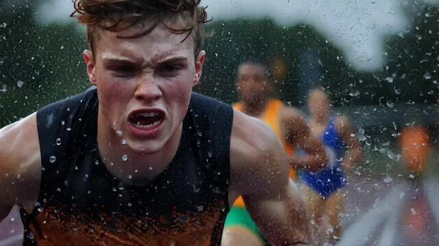 Close-up of a determined young male runner sprinting in the rain, water droplets splashing on his face, other runners blurred in the background