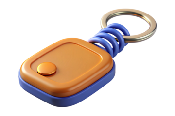 Modern 3d rendered keychain with orange and blue elements isolated on transparent background