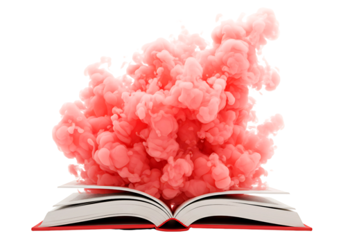 Open book with red and white smoke exploding upwards isolated on transparent background