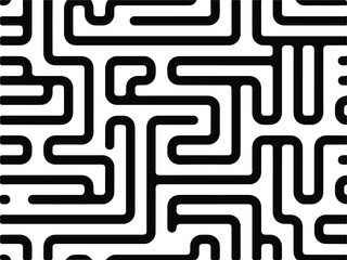 Abstract black and white maze pattern with rounded corners isolated on white background