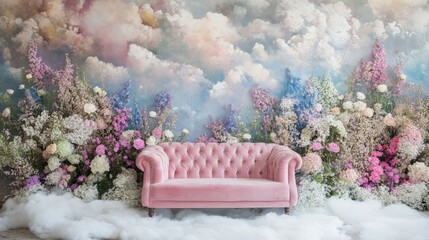 Pink velvet couch nestled amongst a vibrant floral display against a dreamy sky backdrop