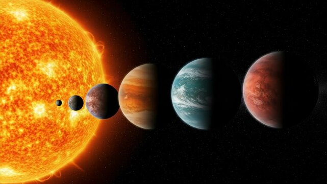 A row of planets aligned in space with a bright sun visible on the left side of the image view