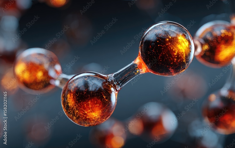 Fototapete Close-up of a 3D-rendered molecular structure; translucent connectors join spherical nodes filled with fiery, orange-brown inner light against a dark background