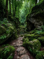Mystical Mossy Path in Lush Green Forest, Nature's Serene Beauty