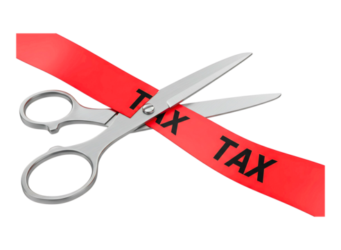 Scissors cutting red ribbon with the word tax on it isolated on transparent background
