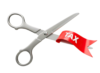 Scissors cutting red ribbon with the word tax on it isolated on transparent background