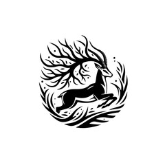 Stylized black and white illustration of a deer with a tree-like antler, running within a circular floral design.