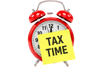 alarm clock with  sticky note saying tax time isolated on transparent background