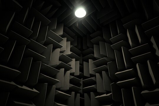 Echoes in Silence: The anechoic chamber presents a visual symphony of sound absorption, a sanctuary of absolute silence, defined by its uniquely designed sound-dampening structures