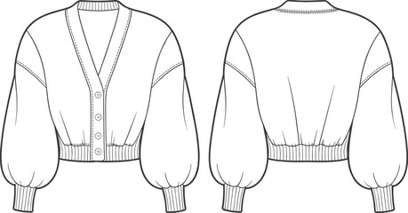Fashion flat sketch of cropped cardigan with puff sleeves, button front, ribbed hem, V-neck, technical illustration for women&rsquo;s wear