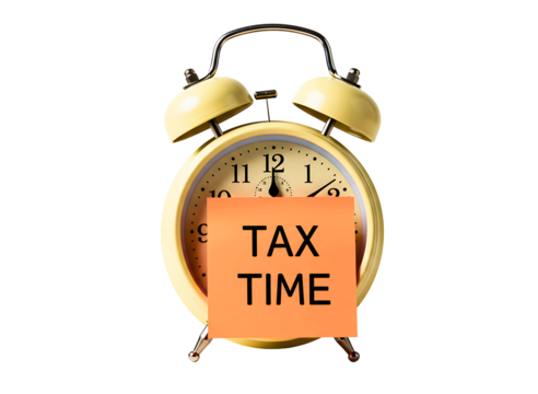 alarm clock with  sticky note saying tax time isolated on transparent background