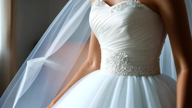 Close-up of a bride's strapless wedding dress, showcasing the intricate detailing and soft, flowing fabric. The image is softly lit, creating a romantic and intimate mood