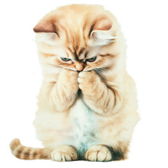 Adorable fluffy kitten with big blue eyes cove face with paws in a playful and curious pose isolated on white background
