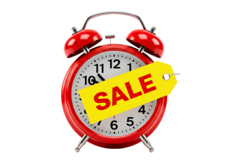  alarm clock with a  sale tag indicating a limited time offer isolated on transparent background
