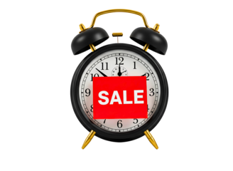  alarm clock with a  sale tag indicating a limited time offer isolated on transparent background