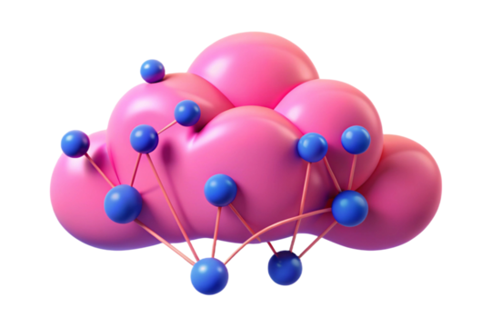 Abstract pink cloud with connected blue spheres network isolated on transparent background