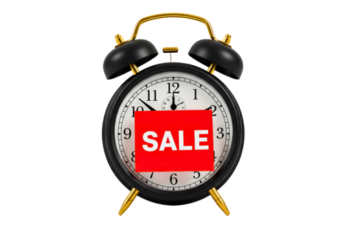 alarm clock with a sale tag indicating a limited time offer isolated on transparent background