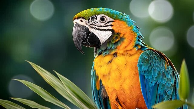 Vibrant blue and yellow macaw parrot perched on lush green foliage, set against a bokeh background. The parrot is in sharp focus, its feathers detailed