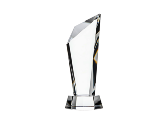 Modern faceted clear crystal award trophy isolated on transparent background