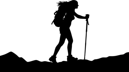Fototapeta premium Silhouette of a female hiker with a backpack and trekking pole walking on a mountain ridge with windblown hair