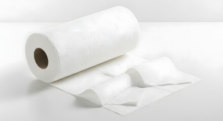 Fototapeta premium Rolled white paper towels, unwound and spread out on a white surface