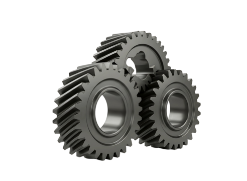 Three interlocking metal gears in a mechanical arrangement isolated on transparent background