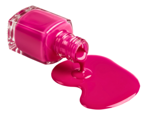 Bright pink nail polish spilling from a glass bottle isolated on transparent background