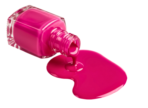 Bright pink nail polish spilling from a glass bottle isolated on transparent background