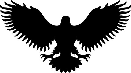 Obraz premium Silhouette of a majestic eagle with outstretched wings in flight against a contrasting white background