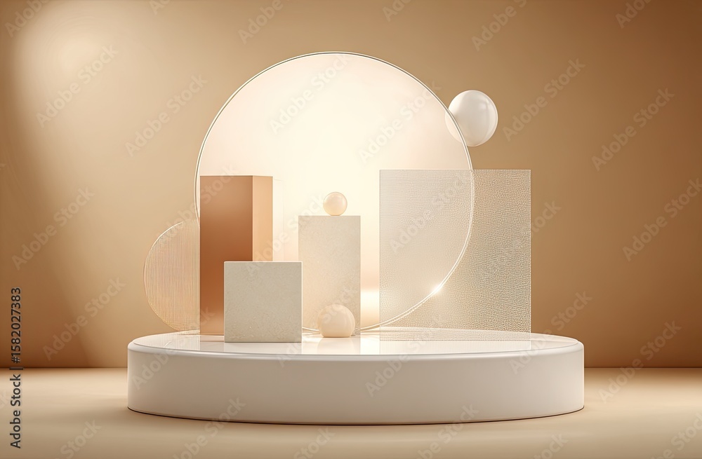 Fototapete minimalist beige and white 3d rendered scene featuring geometric shapes, spheres, and a circular gla
